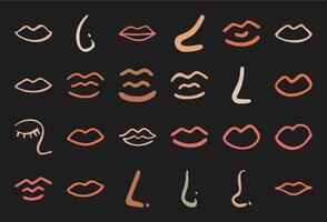 Trendy boho minimal nose and lips symbol design, doodle abstract random shape graphic, cute liquid irregular form set, modern organic asymmetric element collection, geometric amorphous silhouette art, vector