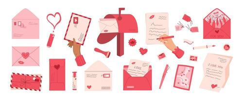 Flat style hand write love letter set, modern cute character send romantic message in envelope, cartoon craft postcard design with heart and lips, trendy romantic post card concept with kiss. vector