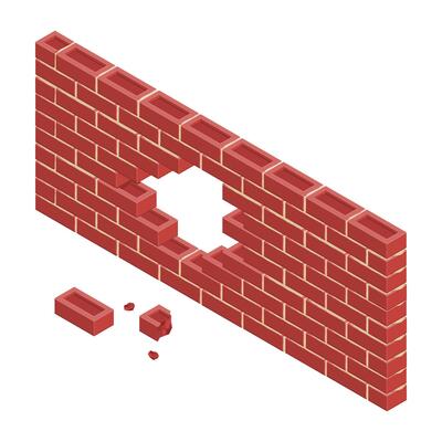 Isometric Damaged Red Brick Wall with Hole Damage - Color Icon Illustration Symbol