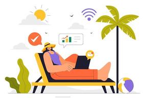 Freelance Work and Travel Illustration of a Digital Nomad in a Relaxing Scene vector