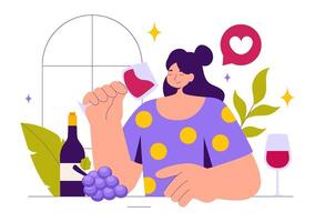 Flat Style Cartoon Illustration of People Swirling and Sipping Wine at a Wine Tasting Event vector
