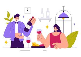 Illustration of a Wine Tasting Experience with a Sommelier, Bottles, and Grapes in a Flat Style vector
