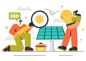 Illustration of a Home Service Team Installing Solar Panels for Clean Energy vector