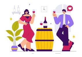 Wine Lovers Tasting and Smelling the Aroma of Red and White Wine in a Flat Style Illustration vector