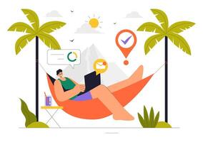Illustration of a Digital Nomad Enjoying Remote Work on Vacation vector