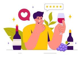 Elegant Wine Tasting Scene Featuring Glasses, Bottles, and Fresh Grapes in a Flat Style Cartoon Background vector
