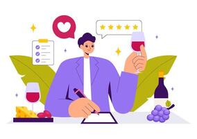 Illustration of a Wine Tasting Session with Glasses, Bottles, and Grapes in a Flat Cartoon Background vector