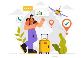 Digital Nomad Working on a Laptop While Traveling in a Flat Style Cartoon Background vector