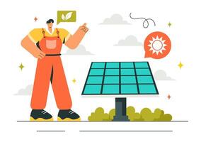 Wind Turbine and Solar Panel Technicians Ensuring Efficient Power Generation vector