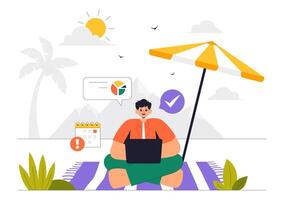 Digital Nomad Lifestyle with Work and Travel Concept in a Flat Cartoon Background vector