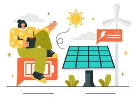 Wind Turbine and Solar Panel Service Team Working on Sustainable Energy Solutions vector