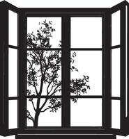 a black and white illustration of a tree outside of an open window vector