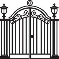 an iron gate with a lantern and a light post vector