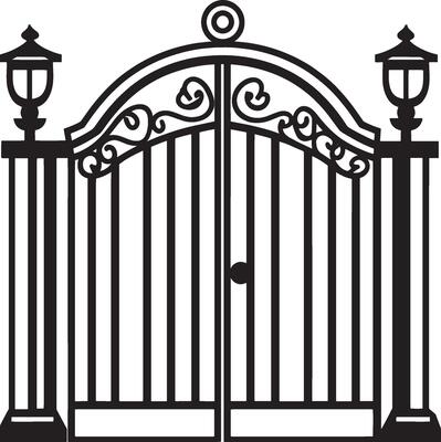 an iron gate with a lantern and a light post