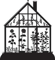 silhouette of a greenhouse with plants and flowers vector