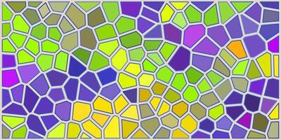 A vibrant mosaic pattern with irregular polygonal shapes in shades of yellow, green, purple, and blue, creating a stained-glass effect with a modern abstract design. vector