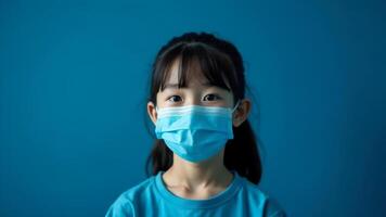 A girl in a surgical mask looks calm and thoughtful in front of a blue wall photo