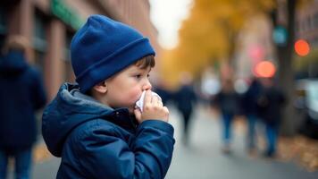 A little boy in a blue jacket blows his nose outdoors on a cold autumn day photo