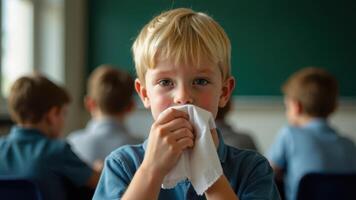 A boy in class blows his nose, appearing unwell while surrounded by classmates photo