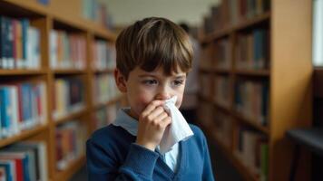 A boy in a library blows his nose into a tissue, looking visibly unwell photo