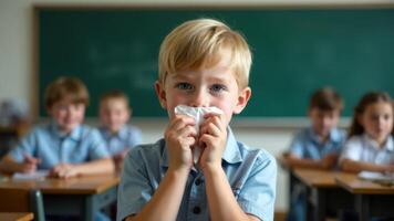 A blond boy uses a tissue to blow his nose during class, with classmates photo
