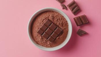 Choco powder gluten free flour on bowl and chocolate bar copy space pink background photo