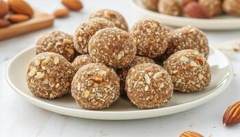 Almond pecan dates truffle snack ball covered with nuts on white plate photo