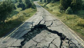 Cracked damage road asphalt stone with trees on side impact from earthquake photo