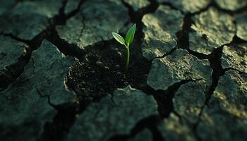 Cracked mud soil dry surface land soil ground with sprout tree photo