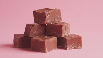 Chocolate fudge cube stack sweet snack for relax time on pink background photo