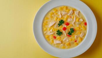 Corn chowder chicken soup cream for simple lunch on white plate photo