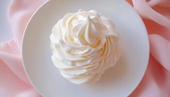 White vanilla frosting swirl cream smooth whipped for baking on white plate pink background photo