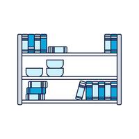 Bookshelf, A multi-level bookshelf filled with books and kitchenware, suitable for organizing a space. vector