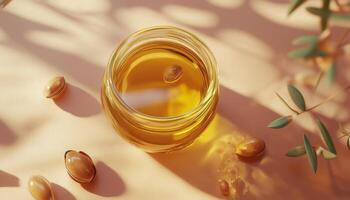 Argan oil on jar health organic natural extract nut with shadow light photo