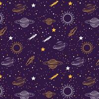 Hand drawn space pattern with planets and stars. vector