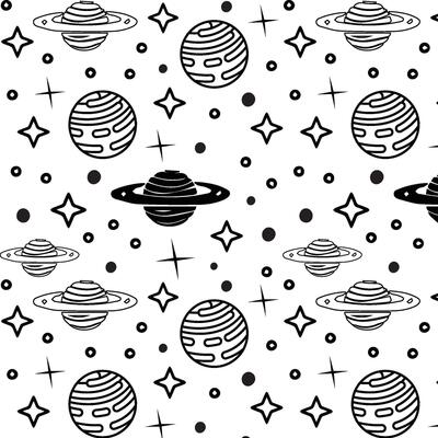 Black and white pattern with planets, stars and constellations