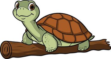A turtle on the tree trunk cartoon illustration vector