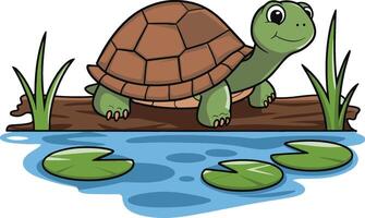 A happy turtle on the tree trunk cartoon illustration and white background vector