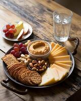Healthy breakfast with nuts, crackers and hummus on wooden table photo