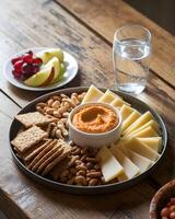 Bowl of cheese with crackers, nuts and grapes on wooden table photo