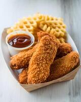 Crispy Chicken Tenders with Waffle Fries and Sauce in a Disposable Container photo