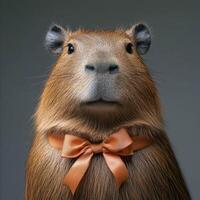 Capybara adorned with a bow, showcasing its charming personality in a studio setting photo