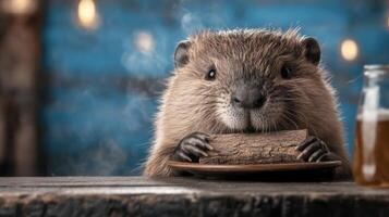 Beaver enjoys a log dinner at a cozy wooden table in a rustic setting photo