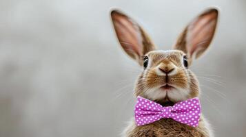 Charming rabbit in a purple polka dot bow tie on a solid background photo