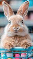 Easter bunny with a basket of colorful eggs on a cheerful backdrop photo