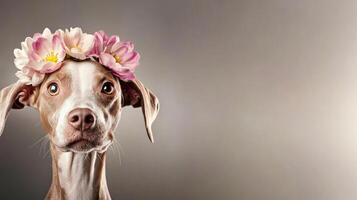 Cute dog with flower crown on soft grey background in hyper-realistic style photo