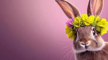 Cute rabbit with colorful flower crown against a soft background photo