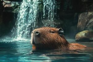 Capybara enjoying a serene swim in clear water beneath a gentle waterfall photo