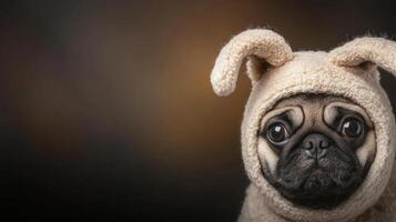Pug dog dressed in a cute rabbit costume captures hearts in playful setting photo