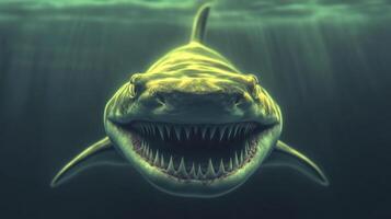 Exploring vibrant underwater life with a fierce shark encounter in deep waters photo